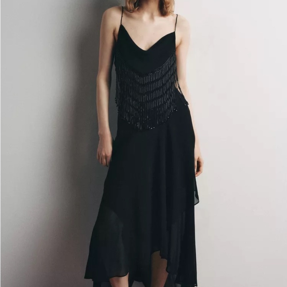 Zara Limited Edition Black Beaded Midi Dress